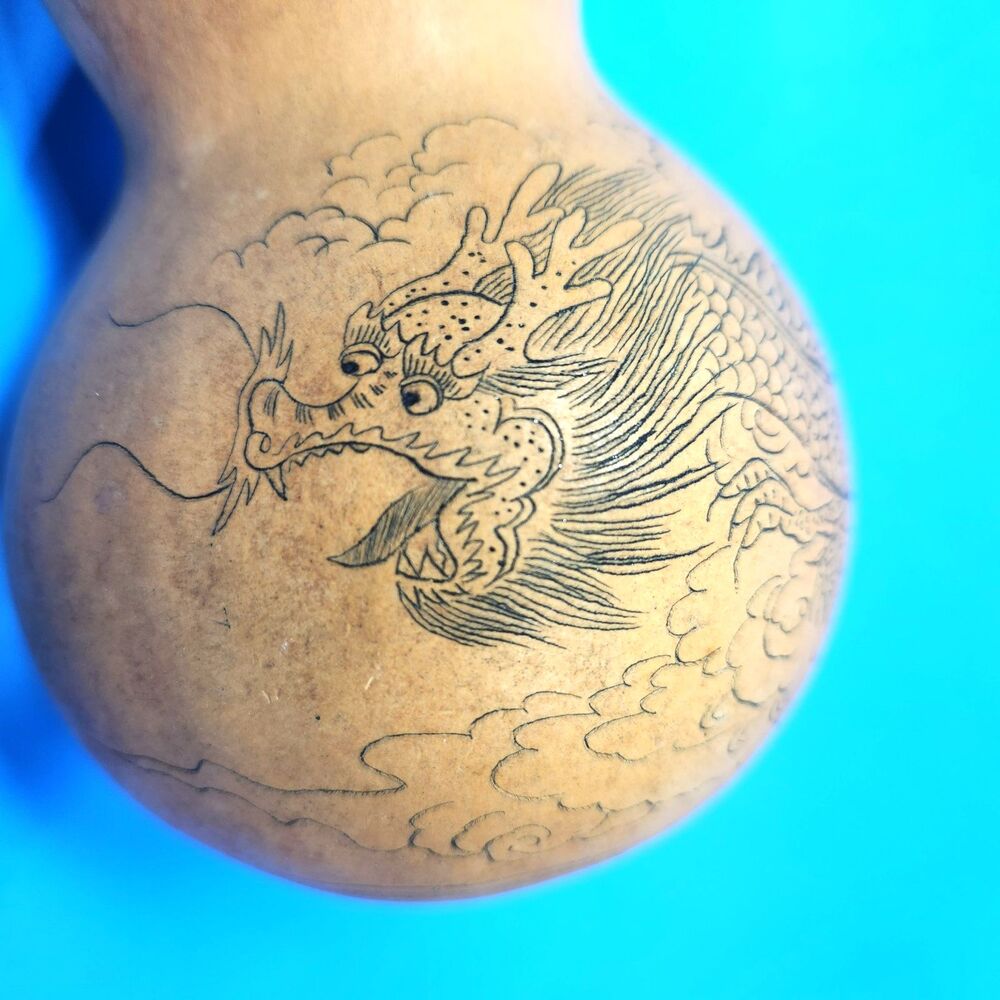 MCM Vintage Carved Dragon Gourd Branched Horns Calligraphy 7 in. High Real